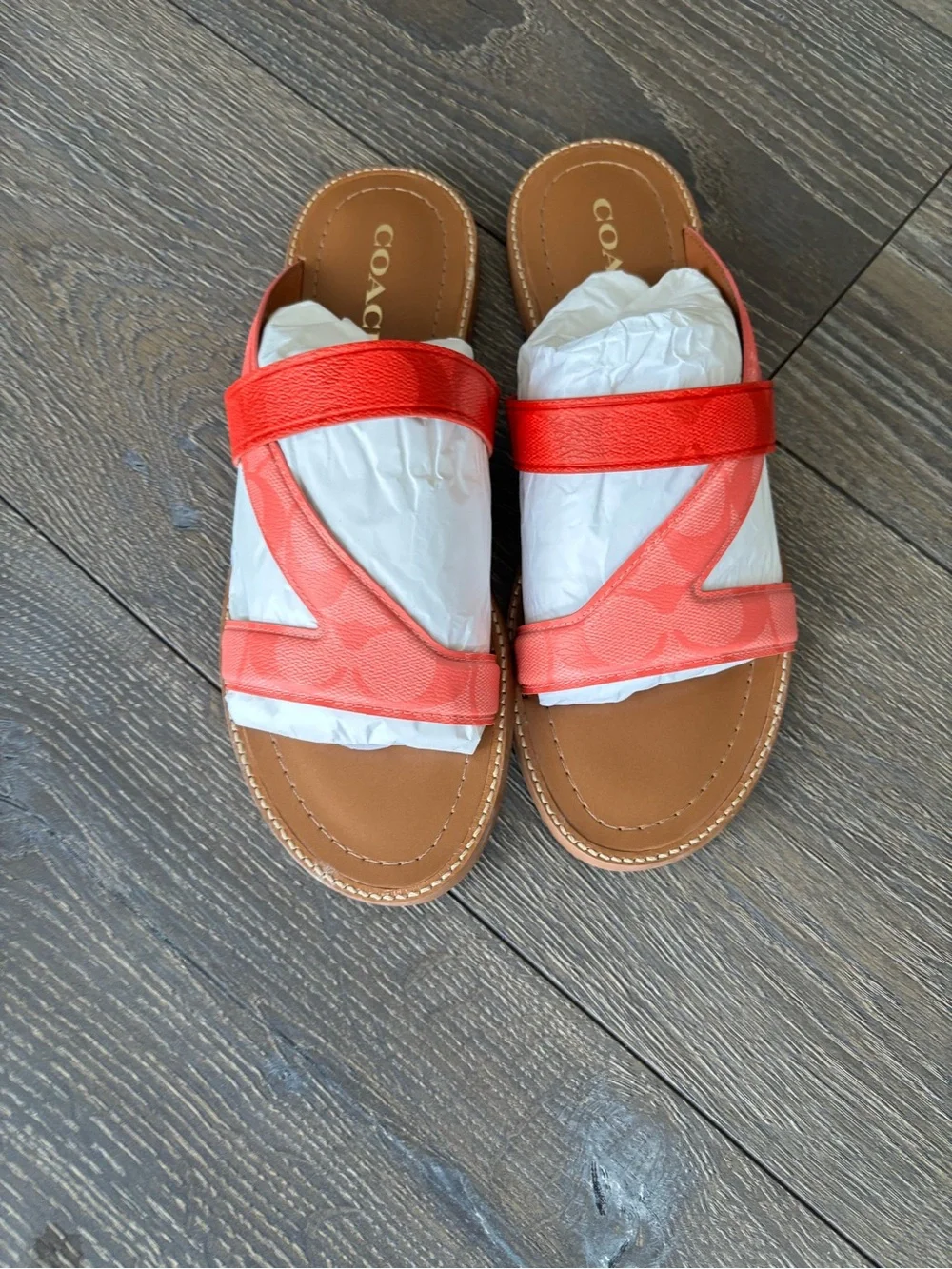 COACH Women's Red Coral Leather Slide Sandals NIB